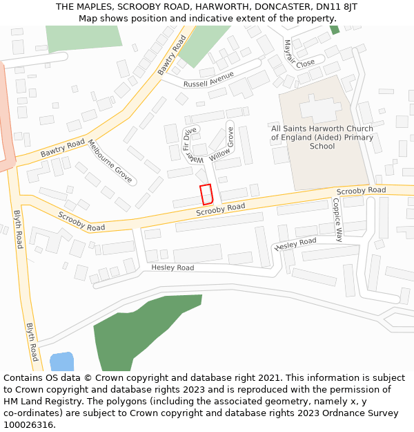 THE MAPLES, SCROOBY ROAD, HARWORTH, DONCASTER, DN11 8JT: Location map and indicative extent of plot