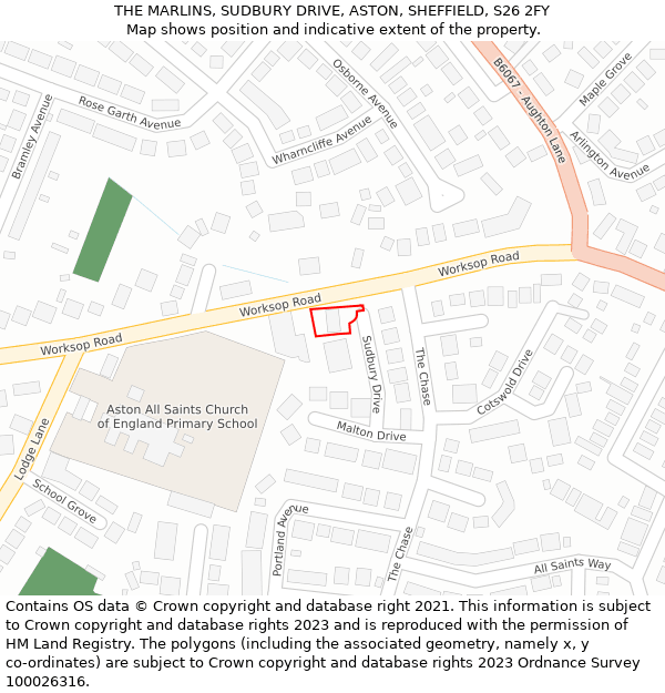 THE MARLINS, SUDBURY DRIVE, ASTON, SHEFFIELD, S26 2FY: Location map and indicative extent of plot
