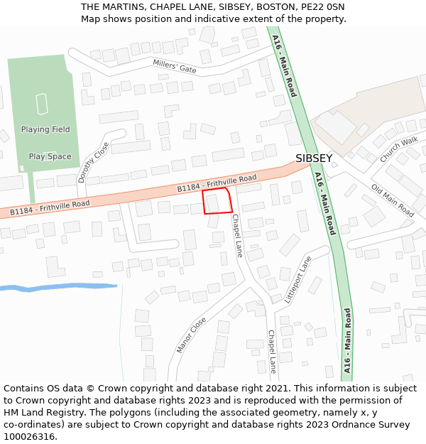 THE MARTINS, CHAPEL LANE, SIBSEY, BOSTON, PE22 0SN: Location map and indicative extent of plot