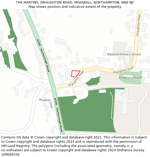 THE MARTINS, DRAUGHTON ROAD, MAIDWELL, NORTHAMPTON, NN6 9JF: Location map and indicative extent of plot