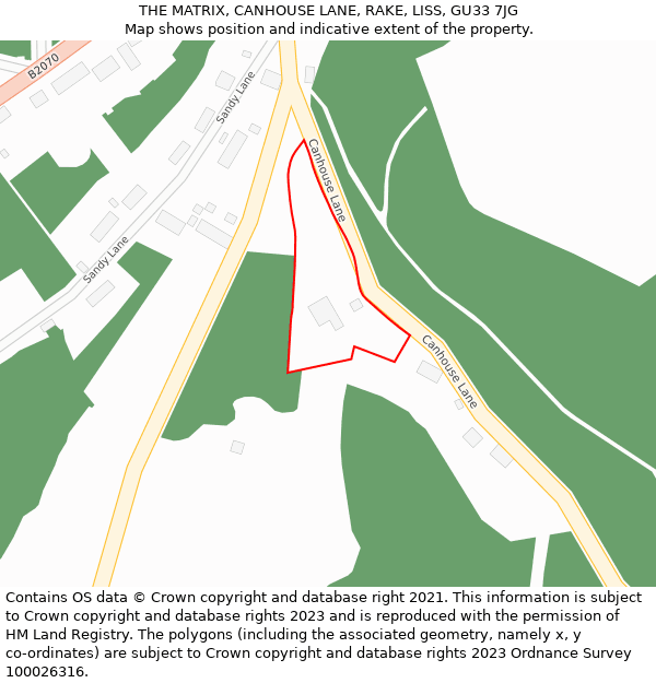 THE MATRIX, CANHOUSE LANE, RAKE, LISS, GU33 7JG: Location map and indicative extent of plot