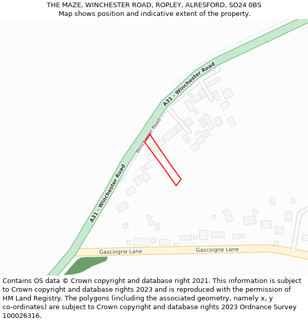 THE MAZE, WINCHESTER ROAD, ROPLEY, ALRESFORD, SO24 0BS: Location map and indicative extent of plot