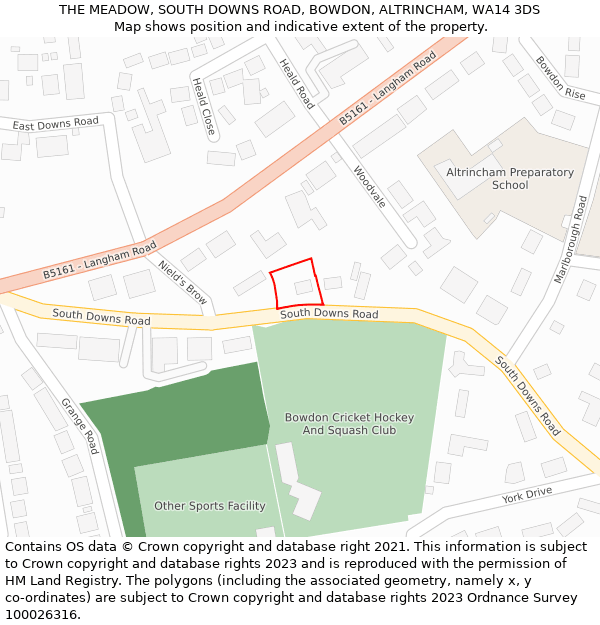 THE MEADOW, SOUTH DOWNS ROAD, BOWDON, ALTRINCHAM, WA14 3DS: Location map and indicative extent of plot
