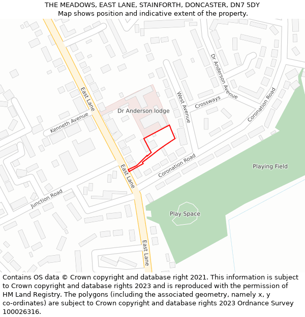 THE MEADOWS, EAST LANE, STAINFORTH, DONCASTER, DN7 5DY: Location map and indicative extent of plot