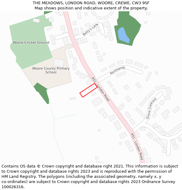 THE MEADOWS, LONDON ROAD, WOORE, CREWE, CW3 9SF: Location map and indicative extent of plot