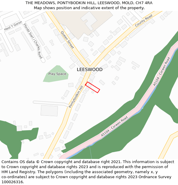 THE MEADOWS, PONTYBODKIN HILL, LEESWOOD, MOLD, CH7 4RA: Location map and indicative extent of plot