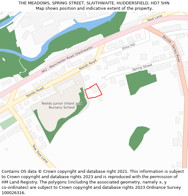 THE MEADOWS, SPRING STREET, SLAITHWAITE, HUDDERSFIELD, HD7 5HN: Location map and indicative extent of plot