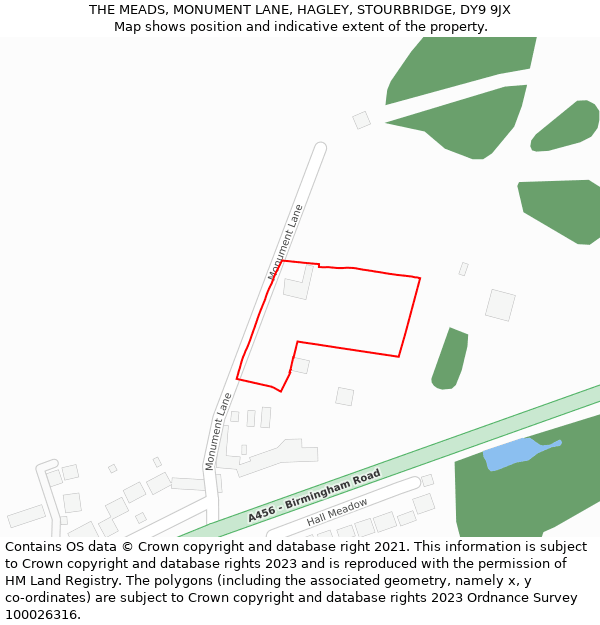 THE MEADS, MONUMENT LANE, HAGLEY, STOURBRIDGE, DY9 9JX: Location map and indicative extent of plot