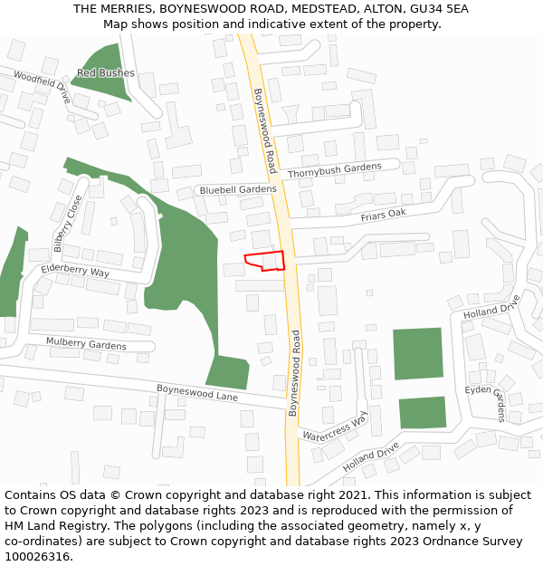 THE MERRIES, BOYNESWOOD ROAD, MEDSTEAD, ALTON, GU34 5EA: Location map and indicative extent of plot