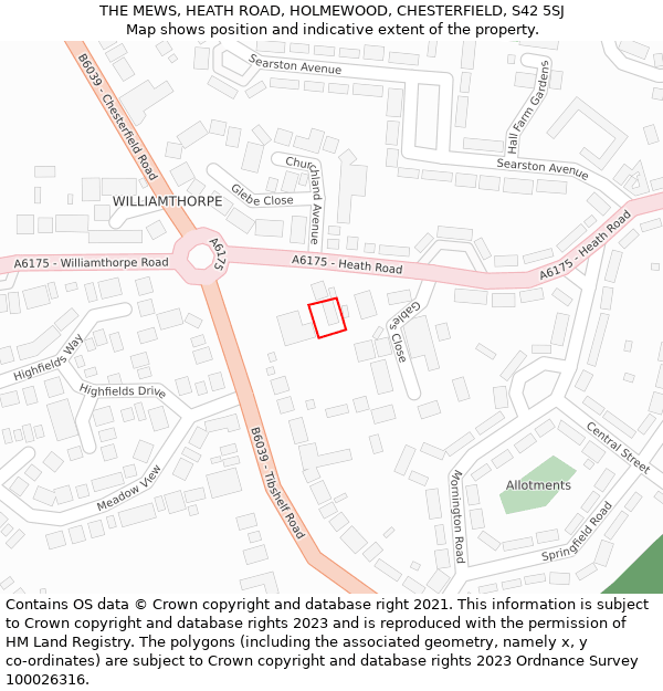THE MEWS, HEATH ROAD, HOLMEWOOD, CHESTERFIELD, S42 5SJ: Location map and indicative extent of plot