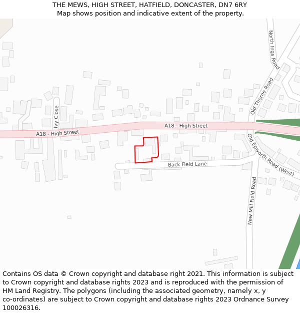 THE MEWS, HIGH STREET, HATFIELD, DONCASTER, DN7 6RY: Location map and indicative extent of plot