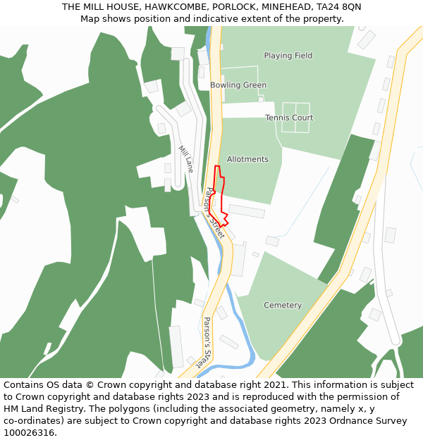 THE MILL HOUSE, HAWKCOMBE, PORLOCK, MINEHEAD, TA24 8QN: Location map and indicative extent of plot