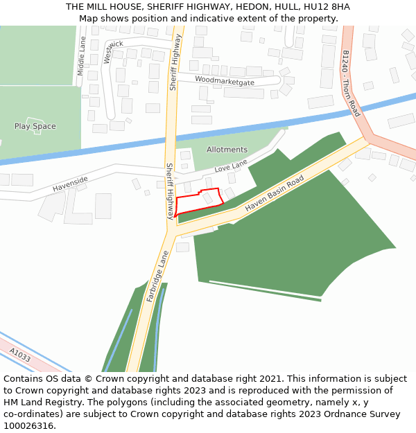 THE MILL HOUSE, SHERIFF HIGHWAY, HEDON, HULL, HU12 8HA: Location map and indicative extent of plot
