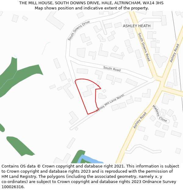 THE MILL HOUSE, SOUTH DOWNS DRIVE, HALE, ALTRINCHAM, WA14 3HS: Location map and indicative extent of plot