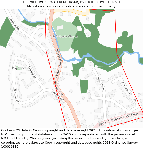 THE MILL HOUSE, WATERFALL ROAD, DYSERTH, RHYL, LL18 6ET: Location map and indicative extent of plot