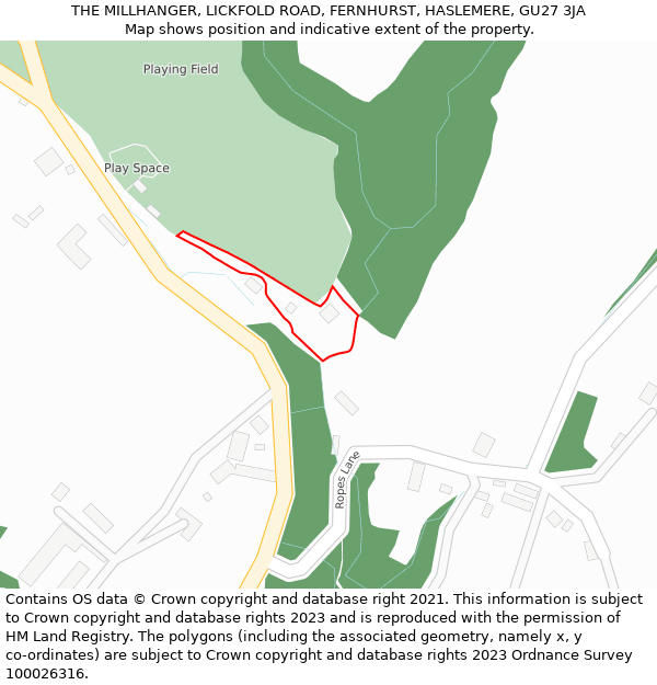 THE MILLHANGER, LICKFOLD ROAD, FERNHURST, HASLEMERE, GU27 3JA: Location map and indicative extent of plot