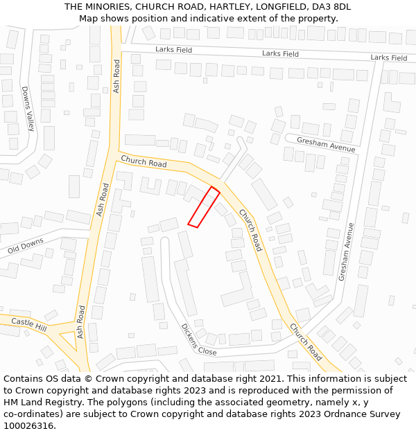 THE MINORIES, CHURCH ROAD, HARTLEY, LONGFIELD, DA3 8DL: Location map and indicative extent of plot
