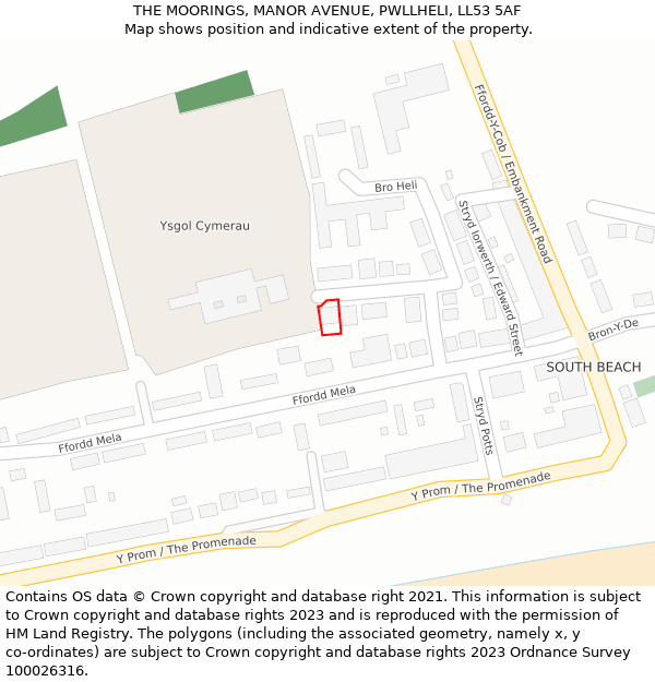 THE MOORINGS, MANOR AVENUE, PWLLHELI, LL53 5AF: Location map and indicative extent of plot