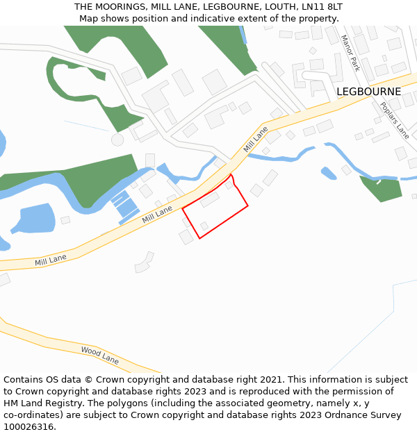 THE MOORINGS, MILL LANE, LEGBOURNE, LOUTH, LN11 8LT: Location map and indicative extent of plot