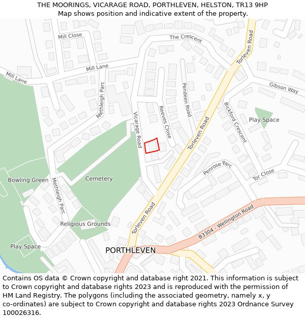 THE MOORINGS, VICARAGE ROAD, PORTHLEVEN, HELSTON, TR13 9HP: Location map and indicative extent of plot