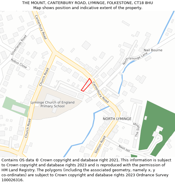 THE MOUNT, CANTERBURY ROAD, LYMINGE, FOLKESTONE, CT18 8HU: Location map and indicative extent of plot