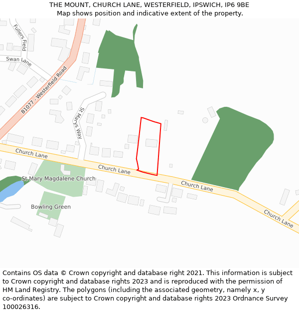 THE MOUNT, CHURCH LANE, WESTERFIELD, IPSWICH, IP6 9BE: Location map and indicative extent of plot