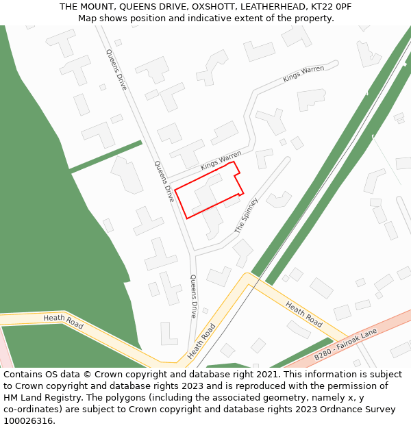 THE MOUNT, QUEENS DRIVE, OXSHOTT, LEATHERHEAD, KT22 0PF: Location map and indicative extent of plot