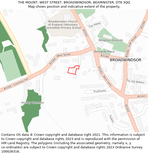 THE MOUNT, WEST STREET, BROADWINDSOR, BEAMINSTER, DT8 3QQ: Location map and indicative extent of plot