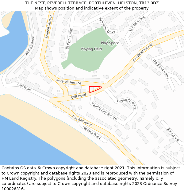 THE NEST, PEVERELL TERRACE, PORTHLEVEN, HELSTON, TR13 9DZ: Location map and indicative extent of plot
