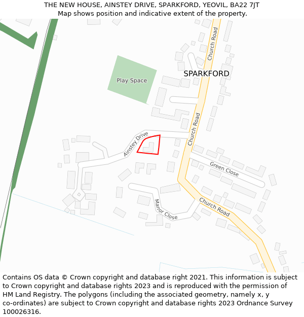 THE NEW HOUSE, AINSTEY DRIVE, SPARKFORD, YEOVIL, BA22 7JT: Location map and indicative extent of plot