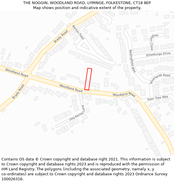 THE NOGGIN, WOODLAND ROAD, LYMINGE, FOLKESTONE, CT18 8EP: Location map and indicative extent of plot