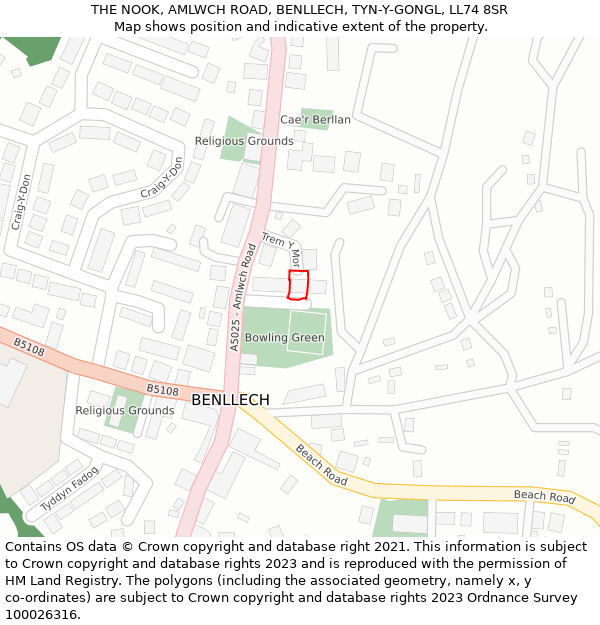 THE NOOK, AMLWCH ROAD, BENLLECH, TYN-Y-GONGL, LL74 8SR: Location map and indicative extent of plot