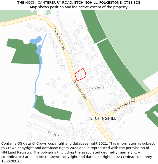THE NOOK, CANTERBURY ROAD, ETCHINGHILL, FOLKESTONE, CT18 8DE: Location map and indicative extent of plot