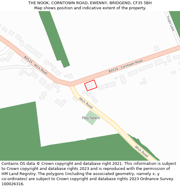 THE NOOK, CORNTOWN ROAD, EWENNY, BRIDGEND, CF35 5BH: Location map and indicative extent of plot