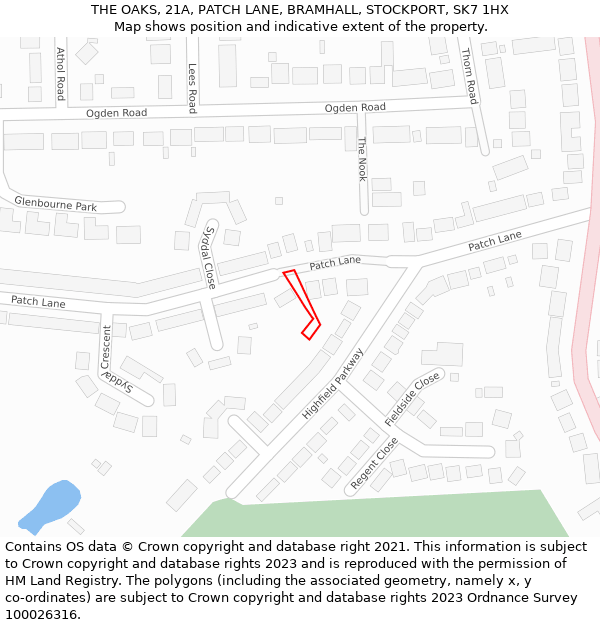 THE OAKS, 21A, PATCH LANE, BRAMHALL, STOCKPORT, SK7 1HX: Location map and indicative extent of plot