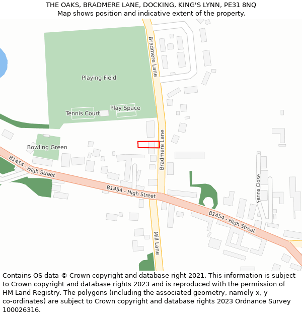 THE OAKS, BRADMERE LANE, DOCKING, KING'S LYNN, PE31 8NQ: Location map and indicative extent of plot