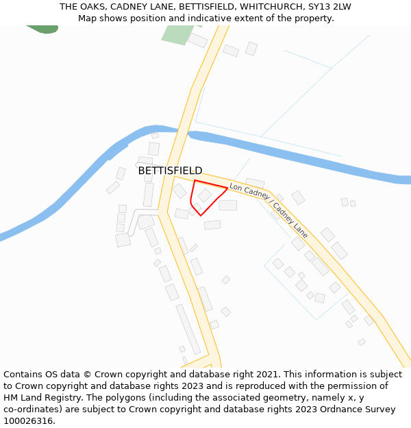 THE OAKS, CADNEY LANE, BETTISFIELD, WHITCHURCH, SY13 2LW: Location map and indicative extent of plot