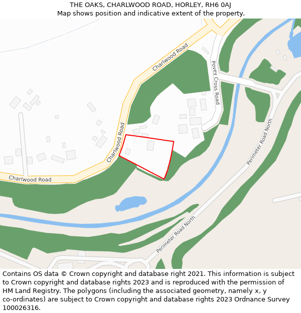 THE OAKS, CHARLWOOD ROAD, HORLEY, RH6 0AJ: Location map and indicative extent of plot