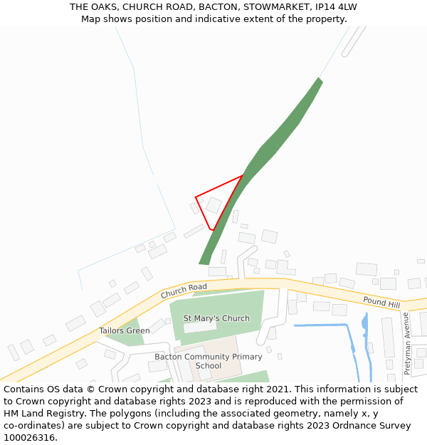 THE OAKS, CHURCH ROAD, BACTON, STOWMARKET, IP14 4LW: Location map and indicative extent of plot