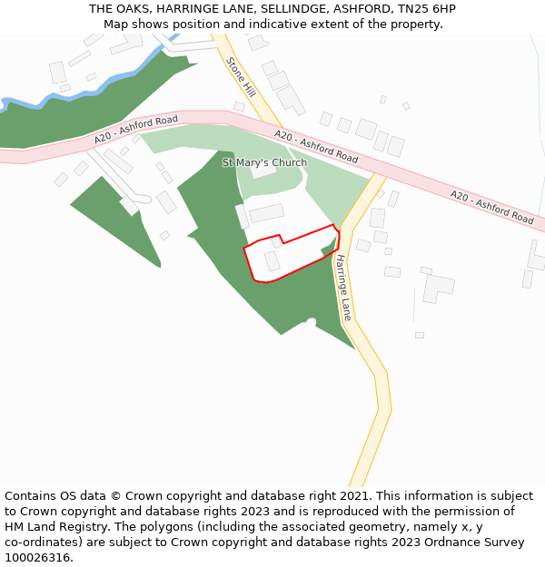 THE OAKS, HARRINGE LANE, SELLINDGE, ASHFORD, TN25 6HP: Location map and indicative extent of plot