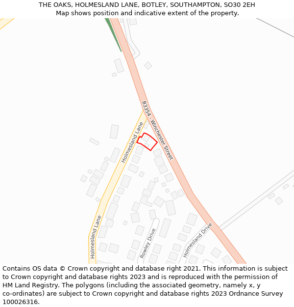THE OAKS, HOLMESLAND LANE, BOTLEY, SOUTHAMPTON, SO30 2EH: Location map and indicative extent of plot