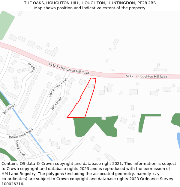 THE OAKS, HOUGHTON HILL, HOUGHTON, HUNTINGDON, PE28 2BS: Location map and indicative extent of plot