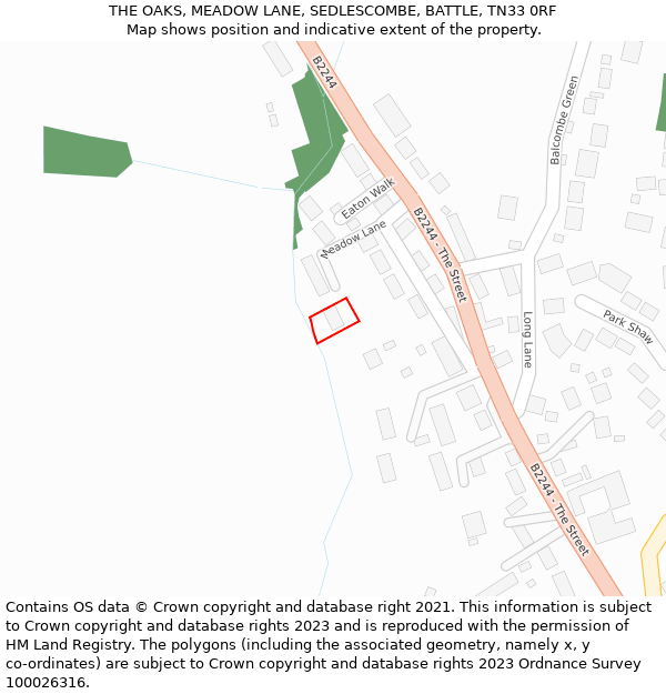 THE OAKS, MEADOW LANE, SEDLESCOMBE, BATTLE, TN33 0RF: Location map and indicative extent of plot