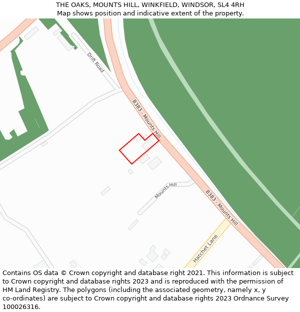 THE OAKS, MOUNTS HILL, WINKFIELD, WINDSOR, SL4 4RH: Location map and indicative extent of plot