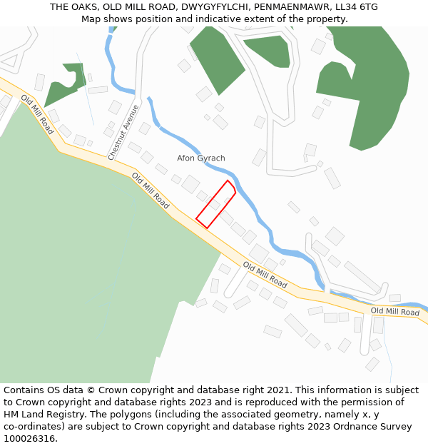 THE OAKS, OLD MILL ROAD, DWYGYFYLCHI, PENMAENMAWR, LL34 6TG: Location map and indicative extent of plot