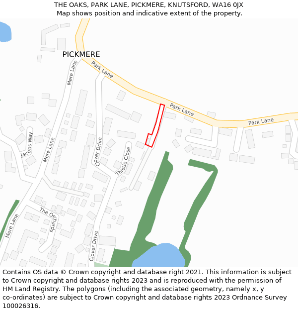THE OAKS, PARK LANE, PICKMERE, KNUTSFORD, WA16 0JX: Location map and indicative extent of plot