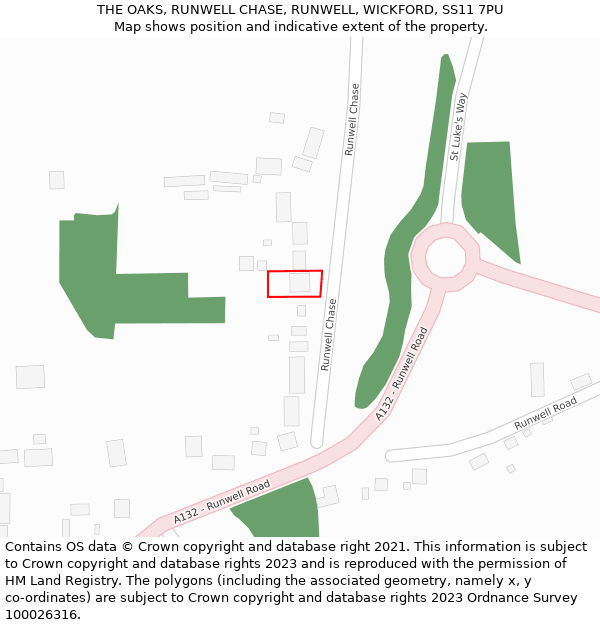 THE OAKS, RUNWELL CHASE, RUNWELL, WICKFORD, SS11 7PU: Location map and indicative extent of plot