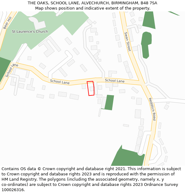 THE OAKS, SCHOOL LANE, ALVECHURCH, BIRMINGHAM, B48 7SA: Location map and indicative extent of plot