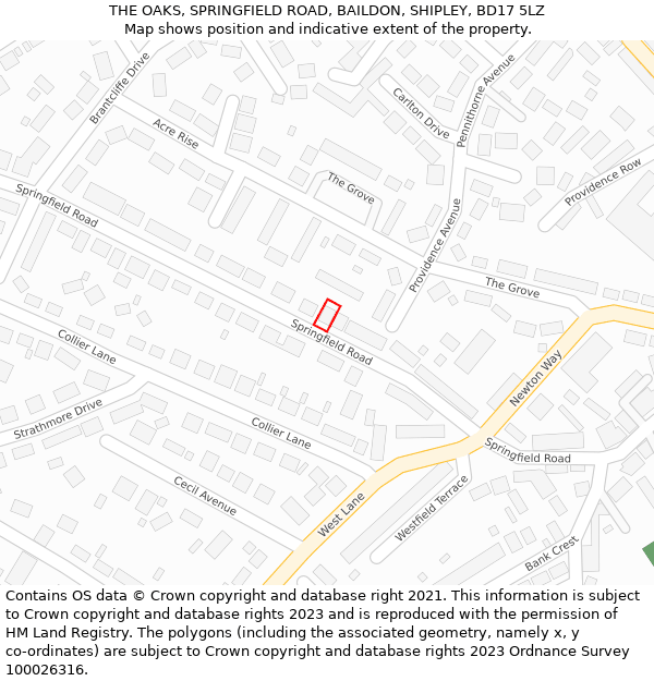 THE OAKS, SPRINGFIELD ROAD, BAILDON, SHIPLEY, BD17 5LZ: Location map and indicative extent of plot