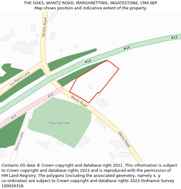 THE OAKS, WANTZ ROAD, MARGARETTING, INGATESTONE, CM4 0EP: Location map and indicative extent of plot